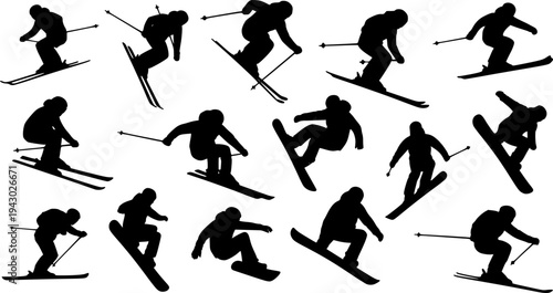 Skiing silhouette, Skier silhouette, Ski silhouette, Skier vector set, Snowboarding silhouette, Winter sport silhouette
