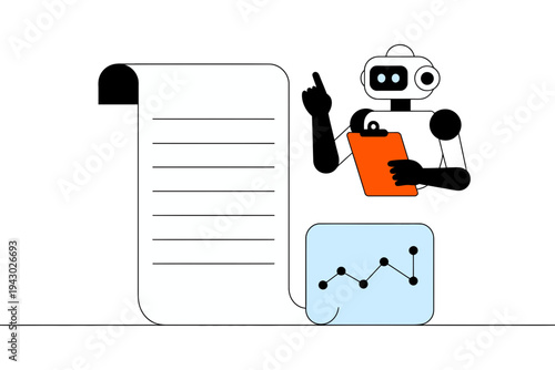 Robot holding clipboard standing next to large document and graph