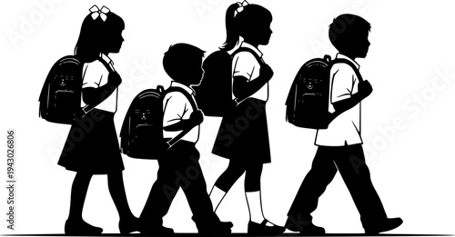 Group of children carrying school bags going to school silhouette, Children with schoolbag black silhouettes, Child carrying school bag silhouettes, Back to school kid carrying bay silhouette