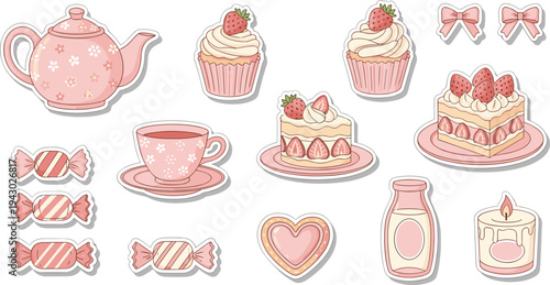 Pink sweet treats flat lay with tea set and desserts in soft pastel lighting for bakery advertising