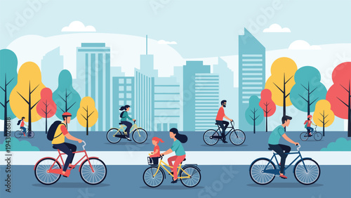 Diverse group of people including children and adults ride bicycles along a scenic path in an urban park with city skyscrapers behind.