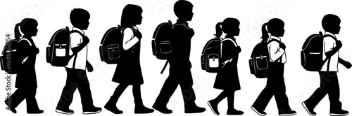 Group of children carrying school bags going to school silhouette, Children with schoolbag black silhouettes, Child carrying school bag silhouettes, Back to school kid carrying bay silhouette