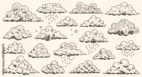 Collection of Hand Drawn Clouds with Rain and Snow in Sketch Style isolated PNG with Transparent Background