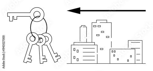Real estate concept. Real estate ed with keys and urban buildings. Real estate portrays ownership and housing solutions. For architecture, property management, rentals, investment, urbanization
