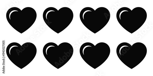 Heart shape silhouette icon set, includes transport symbols and vector illustrations for love, care, relationships, romantic, health, and creative design projects.