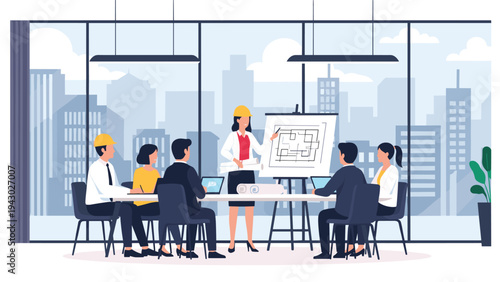 Female architect in a hard hat leads a presentation for a team of professionals about a new building project in a high rise office.