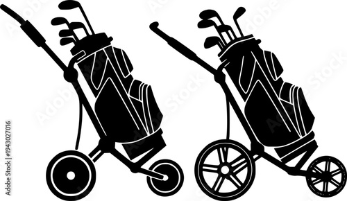 Golf push cart silhouette, Golf pull cart silhouette, Golf push cart, Golf pull cart, Golf bag trolley silhouette, Bag trolley, Golf pushcart vector
