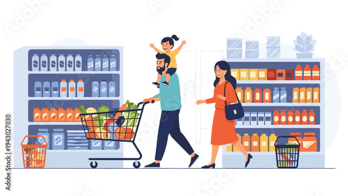 Happy family with a small child on the father's shoulders walks through a supermarket aisle while shopping for groceries and supplies.