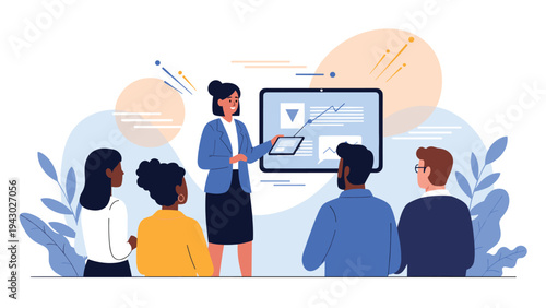 Businesswoman uses a pointer to explain data trends on a digital screen to a focused group of diverse colleagues during an office meeting.