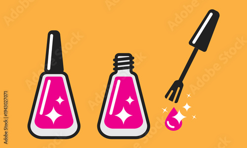 Set of shiny nail polish bottle icons with brush. Glam and simple beauty cosmetic symbols, isolated on orange background, suitable for manicure, nail salon branding, beauty apps, packaging, UI design.