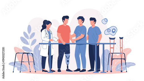 Patient with a prosthetic leg works with a physical therapist and medical staff to practice walking in a bright rehabilitation center.