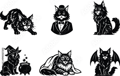 Creative Maine Coon cat silhouette bundle set with detailed cat outlines perfect for pet themed crafts t shirt prints and stickers