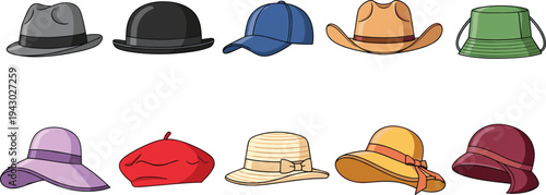 Colorful Cartoon Vector Icon Set of Various Hats Including Bowler Fedora Cowboy Beret Baseball Cap Straw Panama Bucket and More for Fashion Design Illustrations and Graphic Projects