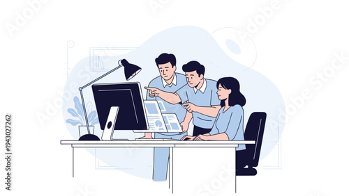Group of three coworkers huddle around a computer screen in an office to review information and point out specific details together.