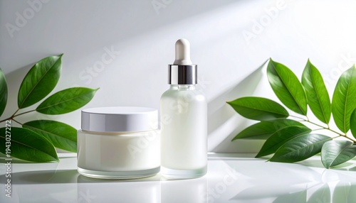Minimalist White Skincare Packaging Mockup Featuring a Silver Dropper Serum Bottle and Cream Container with Fresh Green Leaf Decoration.