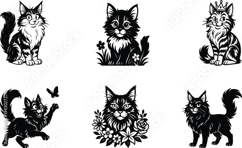Premium Maine Coon cat silhouette bundle set with detailed long haired cat shapes ideal for Cricut vinyl cutting stickers and pet themed crafts