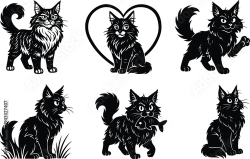 Unique Maine Coon cat silhouette bundle set designed for cat lover artwork vinyl cutting designs scrapbooking and creative pet graphics