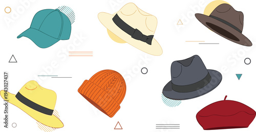 Vibrant Vector Icon Collection of Diverse Hats Featuring Fedora Beanie Beret Baseball Cap Panama and More for Fashion Apparel Designs Illustrations and Graphic Projects