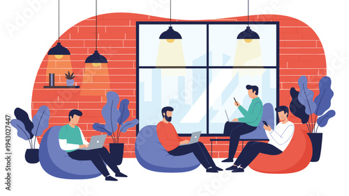 Men work on laptops while sitting comfortably in bean bag chairs in a modern coworking space with a red brick wall and large windows.