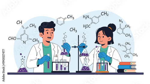 Two young scientists in a laboratory environment conduct chemical experiments using various glass flasks, test tubes, and molecular models.