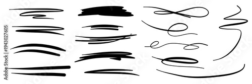 illustration: hand drawn set of pencil brush stroke underlines, swirls and curves of a pen or pencil. handwritten sketch scribbling elements collection isolated on white or transparent png