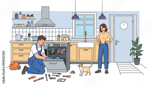 Professional technician repairs a dishwasher in a modern kitchen while the female homeowner and her cat observe the process closely.