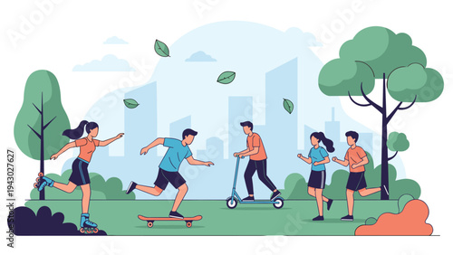 Active group of people enjoying various outdoor sports activities like skating and skateboarding in a sunny city park area.