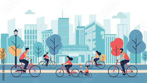 Diverse group of commuters and families riding bicycles through a modern cityscape with tall buildings and green trees.