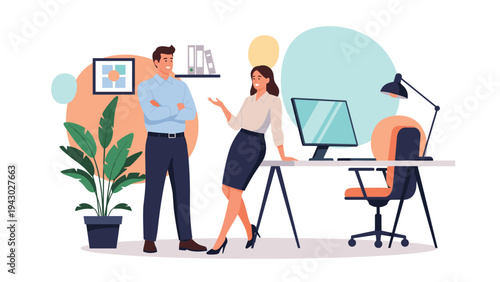 Two professional colleagues having a friendly conversation in a modern office workspace with plants and desk equipment.