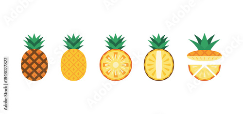 Fresh pineapple fruit icons set including whole fruit and sliced sections, flat vector tropical food illustration isolated on white background for web design