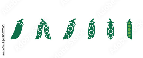Fresh green pea pods set with various seeds arrangements in flat style isolated on white background for organic food packaging and vegetable cooking icons