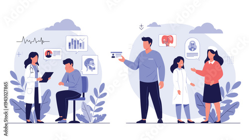 Healthcare professionals interacting with patients in a medical clinic setting showcasing various diagnostic and treatment scenes.