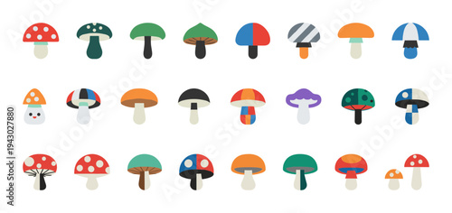 Colorful mushroom collection featuring various shapes patterns and caps including spotted and striped fungi isolated on white background for nature illustration