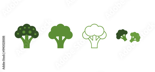 Minimalist green broccoli icons in flat vector and line art styles for healthy lifestyle blogs vegetarian cooking apps and organic vegetable marketing