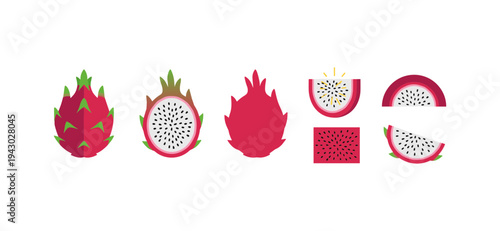 Detailed dragon fruit icons including whole fruit half cut and slices in flat vector style for tropical food branding exotic fruit markets and healthy recipes
