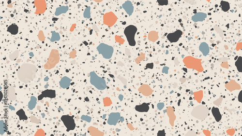 Colorful terrazzo floor tile pattern with various stone pieces scattered on a neutral light background for interior design.