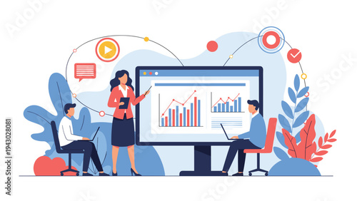 Professional woman presenting business data and growth charts on a large digital screen to her attentive team members.