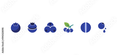 Set of stylized blueberry icons in flat vector style including whole berries cluster half cut and juice droplets for healthy food and fruit packaging