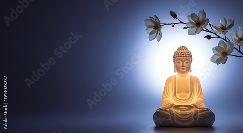 Serene buddha statue illuminated by soft light with blooming flowers