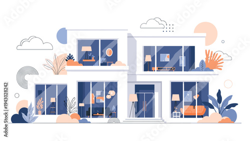 Beautiful modern two-story luxury house featuring large glass windows illuminated from the inside during a calm evening.