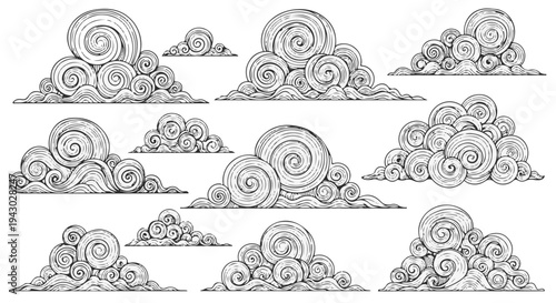 Hand Drawn Swirling Clouds Vector Illustration Set. Isolated Asian Style Smoke or Fog Elements. isolated PNG with Transparent Background