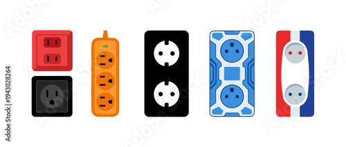 Collection of various electrical power socket outlets and extension cord plug adapters for global travel and home improvement electrical hardware supplies