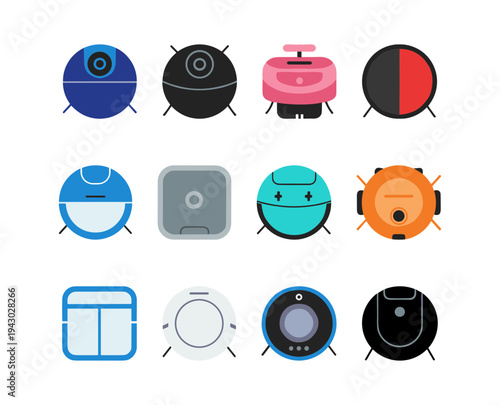 Smart robotic vacuum cleaner icons collection featuring various circular and square designs for automated home cleaning technology and smart house services