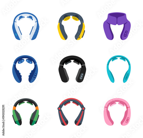 Ergonomic neck massager device icons in various colors and designs for personal healthcare wellness relaxation and cervical spine therapy product ads
