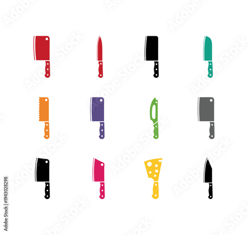 Professional kitchen knife set icons including cleaver chef knife and cheese blade for culinary arts restaurant branding and home cooking tool promotion