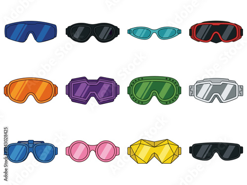 Professional protective eyewear and sports goggles icons in flat vector style for industrial safety skiing swimming and tactical outdoor activities