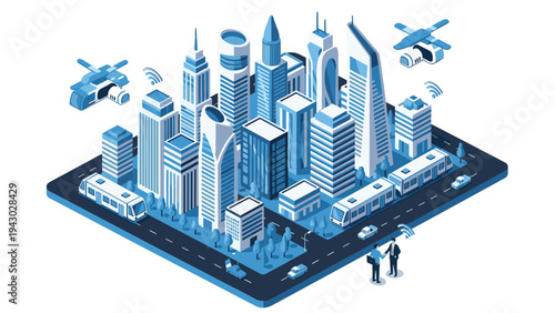 Isometric view of a smart futuristic city featuring advanced architecture, green energy, drones, and autonomous transport systems.
