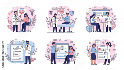 Set of medical consultation scenes showing doctors interacting with patients for health checkups and diagnostic reports.