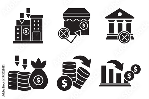 Business Failure Financial Loss and Bankruptcy Icon Set