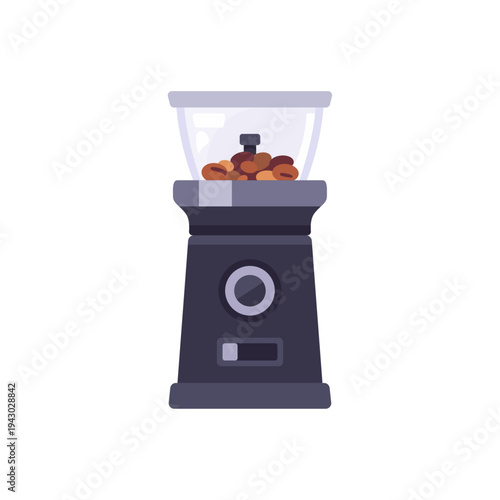 Burr grinder with hopper and control dial, colorful vector flat style illustration